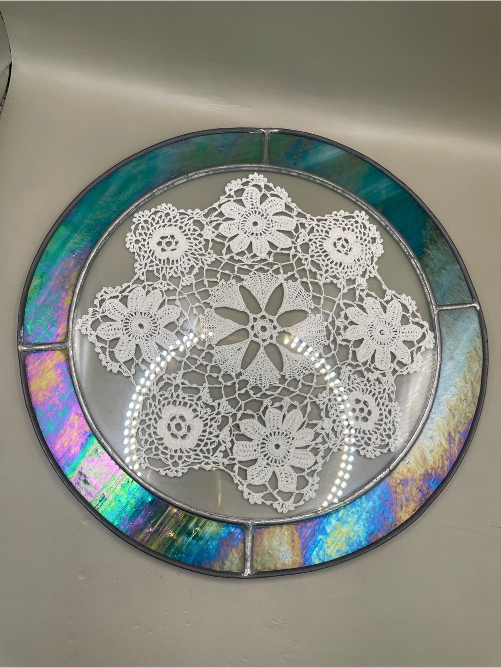 VTG Aqua Iridescent Stained Glass Window Hanging Round Encased Crocheted Doily